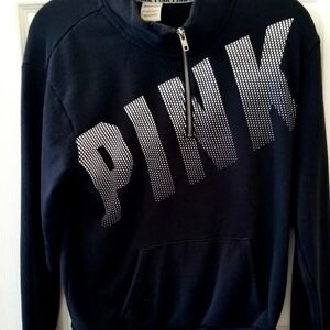 Victoria's Secret PINK Logo Black 1/4 Zip Sweatshirt with Kangaroo Pocket Size S